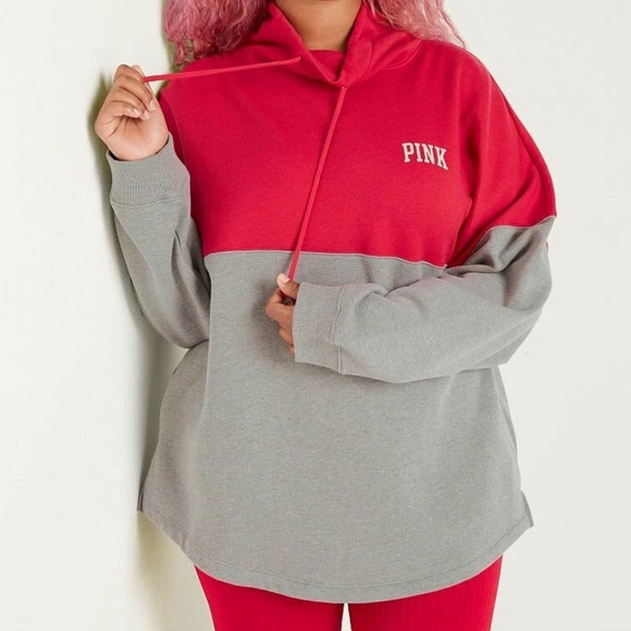 PINK Victoria's Secret Colorblock Oversized Red and Gray Cowl Neck Sweatshirt - Picture 2 of 5